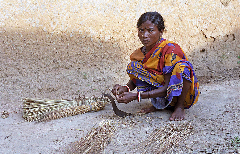  Santal-Frau stellt Besen in Handarbeit her, West-Bengalen